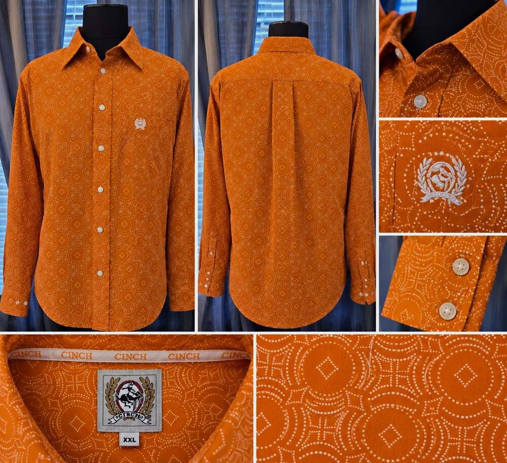 Cinch Men's 2XL Big & Tall Orange/White Geometric Cotton Woven L/S Shirt